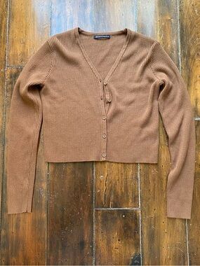Brandy Melville Brown Ribbed V-Neck Button-Front Sweater